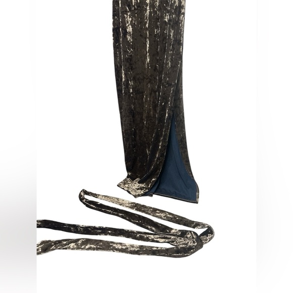 Gold Crushed Velvet Maxi Dress Spaghetti Straps Evening Slit Sexy Party Shiny M - Picture 3 of 7